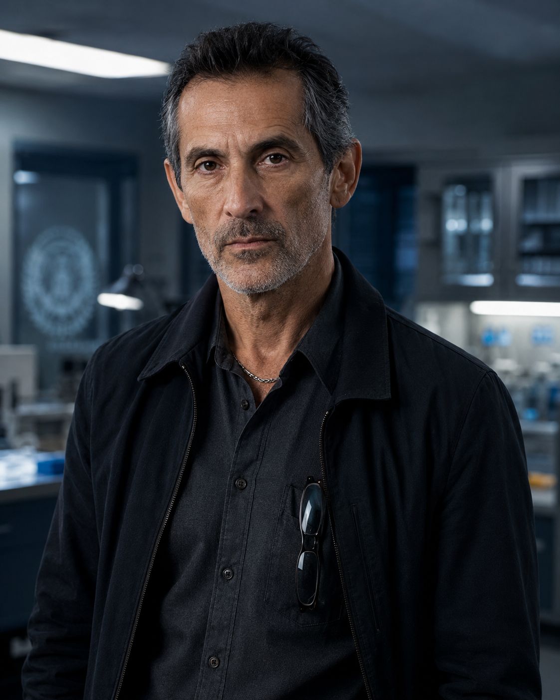 Antonio Tony Iavarone standing in a forensic lab wearing black clothing and reading glasses in his pocket.