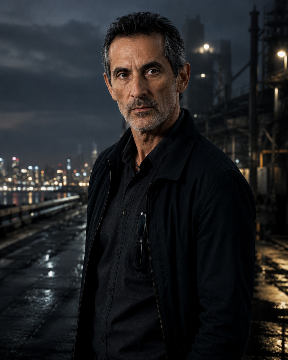 Antonio Tony Iavarone standing near an industrial waterfront at night.