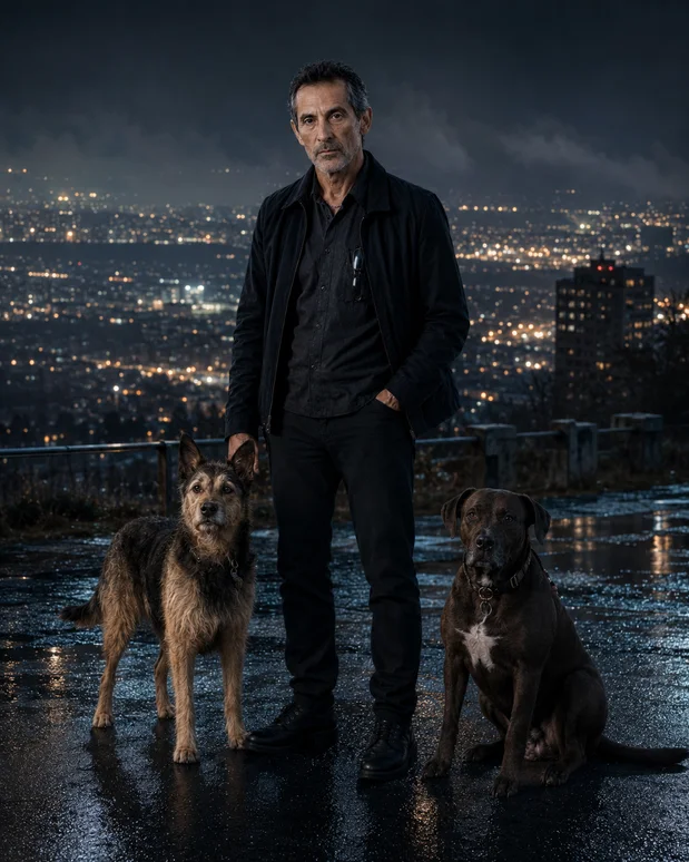Antonio Tony Iavarone standing at a nighttime Hamilton lookout with his two dogs and city lights behind them.