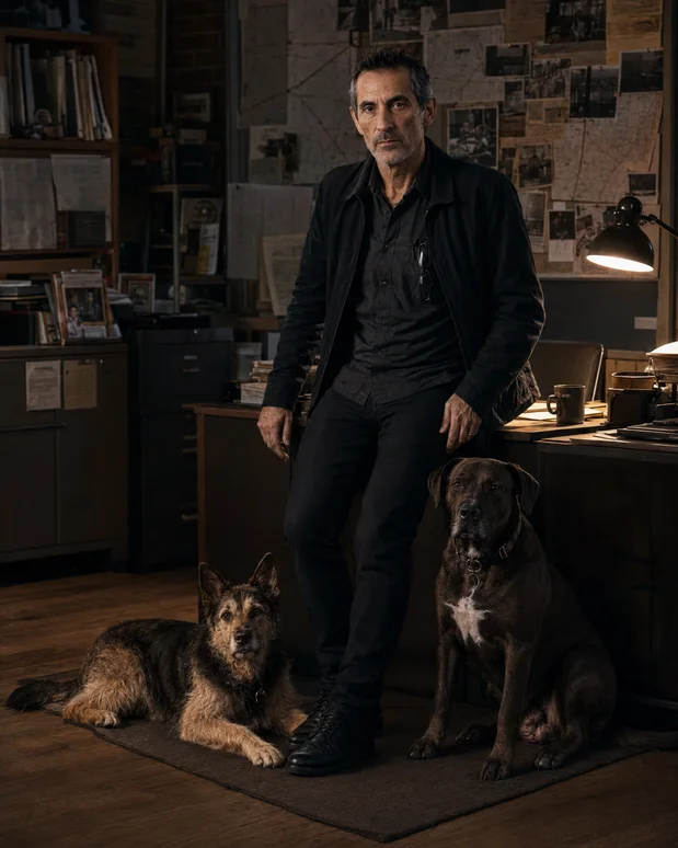 Antonio Tony Iavarone in his investigation workspace with Rocco and Nino beside him and a case board behind him.