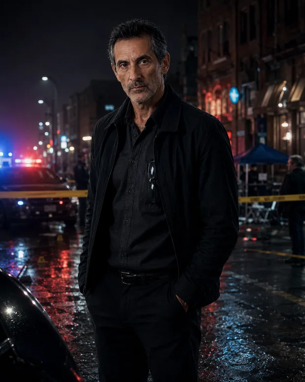 Antonio Tony Iavarone in downtown Hamilton at night with police tape, patrol lights, and wet pavement.