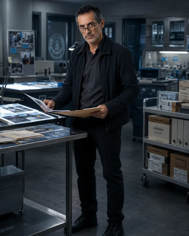 Antonio Tony Iavarone reviewing evidence files in a forensic lab surrounded by case boxes and investigative photos.