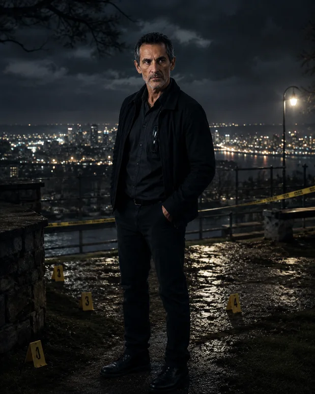 Antonio Tony Iavarone at a dark overlook crime scene above the Hamilton city lights with evidence markers nearby.