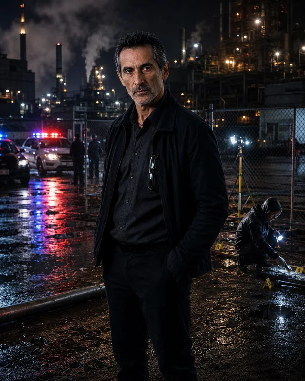 Antonio Tony Iavarone at an industrial Hamilton crime scene with refinery lights, investigators, and evidence markers.