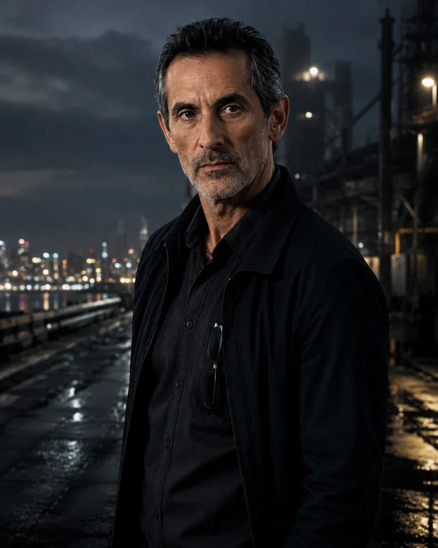 Antonio Tony Iavarone standing against a dark Hamilton industrial waterfront and city lights.