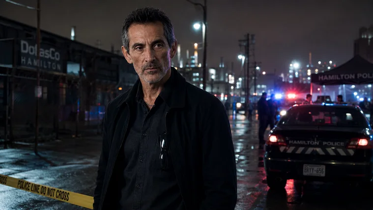 Antonio Tony Iavarone at a rainy Hamilton crime scene with police lights, yellow tape, and industrial buildings at night.