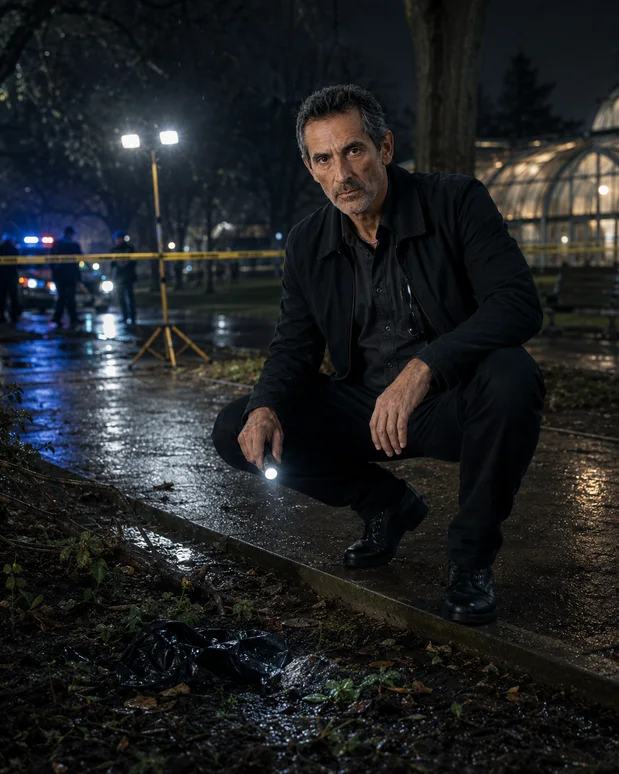 Antonio Tony Iavarone crouching with a flashlight during a nighttime forensic search in a Hamilton park.