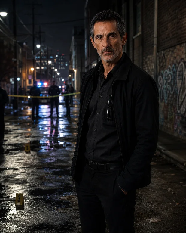 Antonio Tony Iavarone standing in a rain-soaked Hamilton alley near police tape and evidence markers.