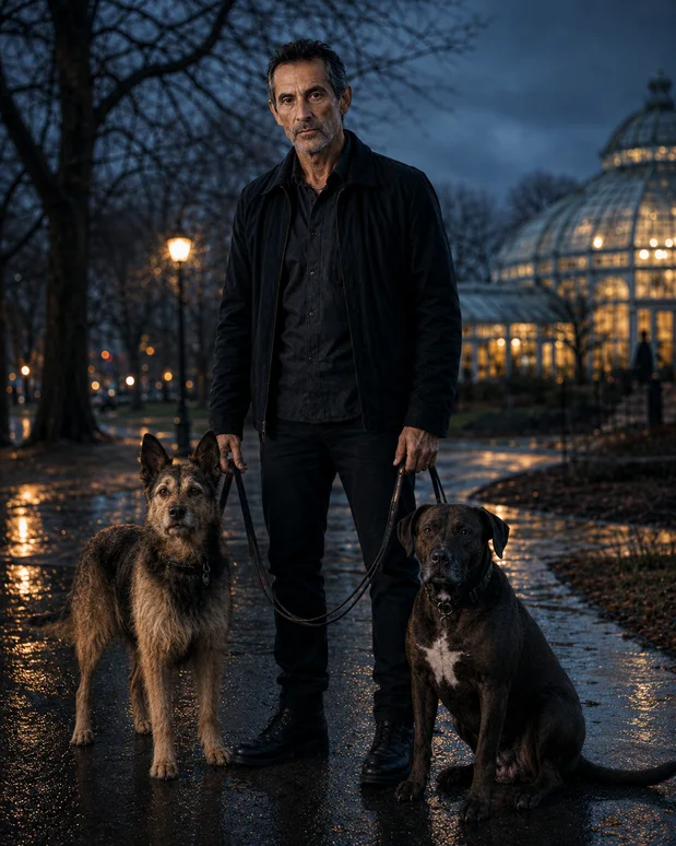 Antonio Tony Iavarone standing in a rainy Hamilton park at dusk with his two dogs on leashes.